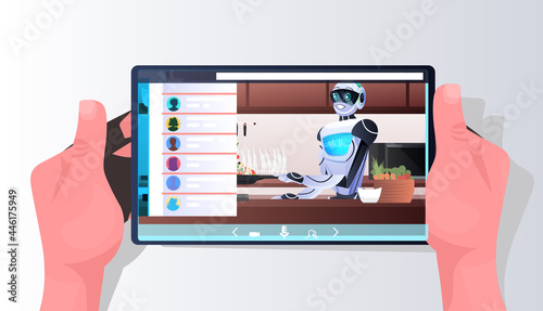 modern robot preparing healthy vegetables salad at kitchen artificial intelligence technology concept