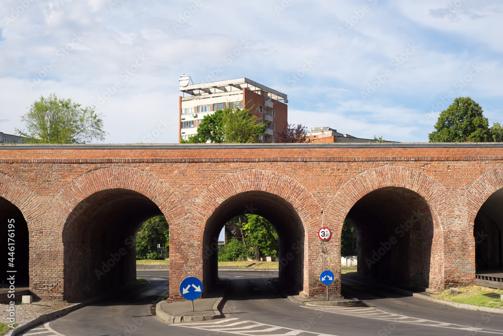 Empty road tunnel of brick