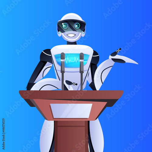 robot doctor giving speech from tribune medical conference medicine healthcare artificial intelligence