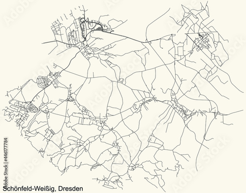 Black simple detailed street roads map on vintage beige background of the quarter Schönfeld-Weißig locality of Dresden, Germany
