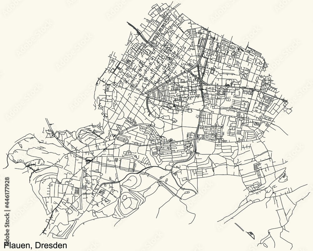Black simple detailed street roads map on vintage beige background of the quarter Plauen district of Dresden, Germany