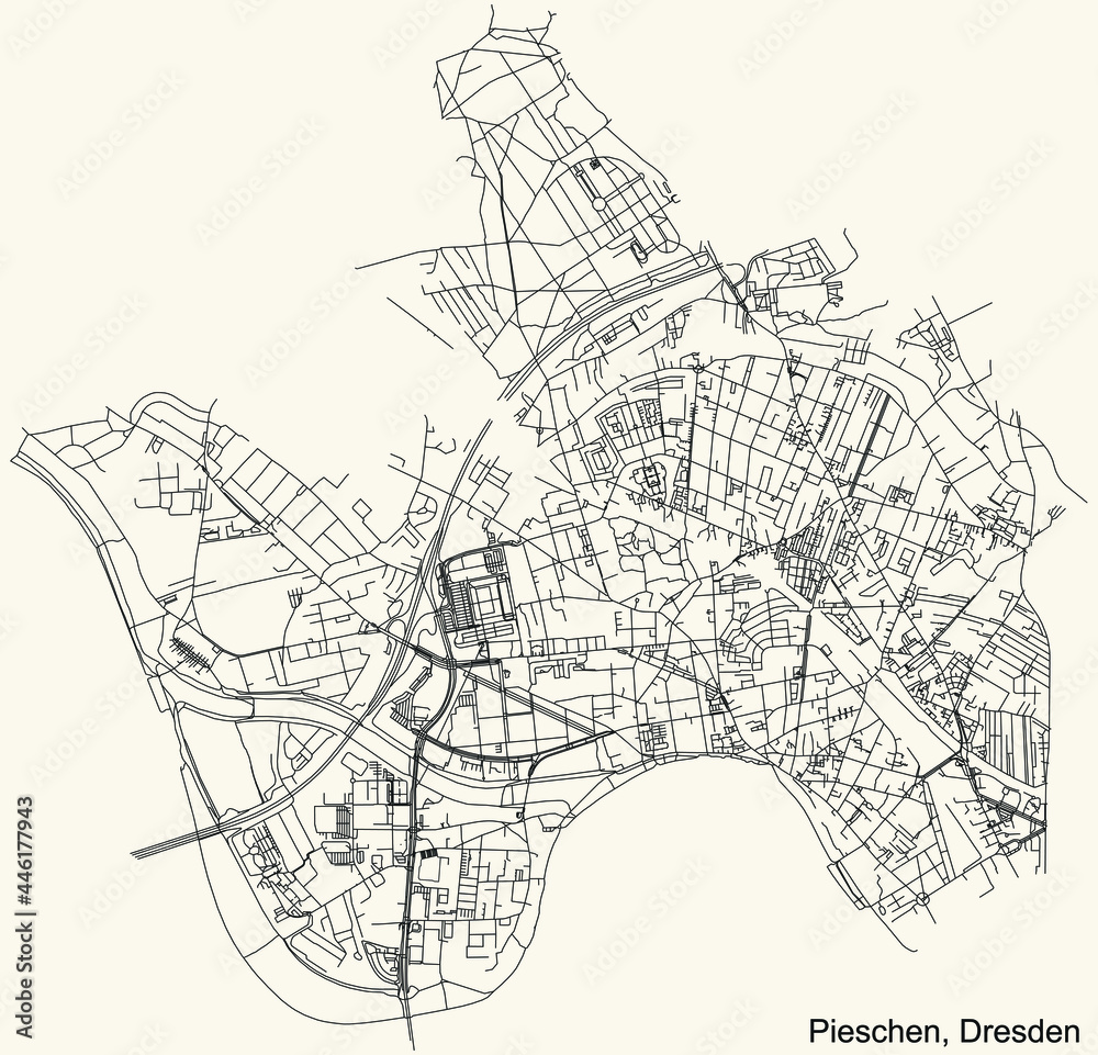 Black simple detailed street roads map on vintage beige background of the quarter Pieschen district of Dresden, Germany