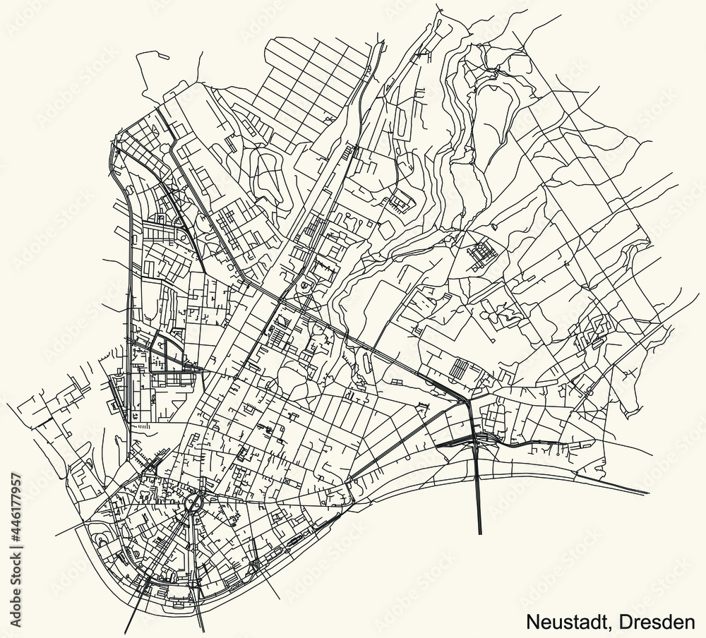 Naklejka premium Black simple detailed street roads map on vintage beige background of the quarter Neustadt district of Dresden, Germany