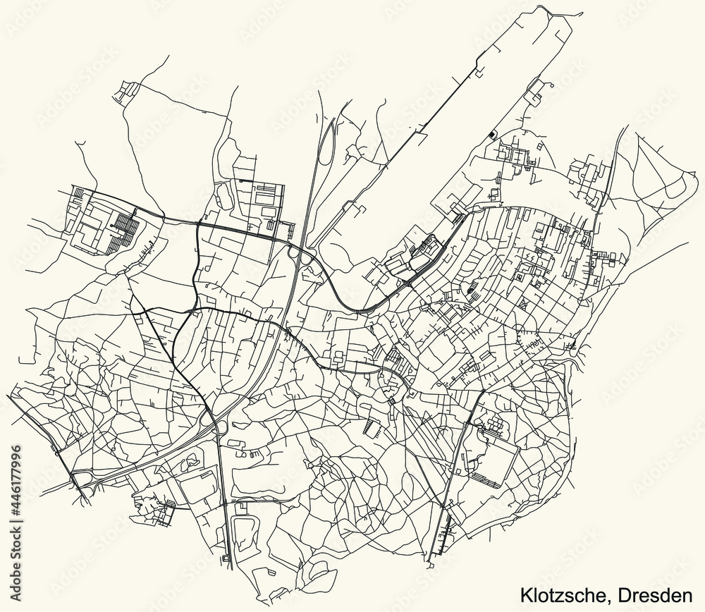 Black simple detailed street roads map on vintage beige background of the quarter Klotzsche district of Dresden, Germany