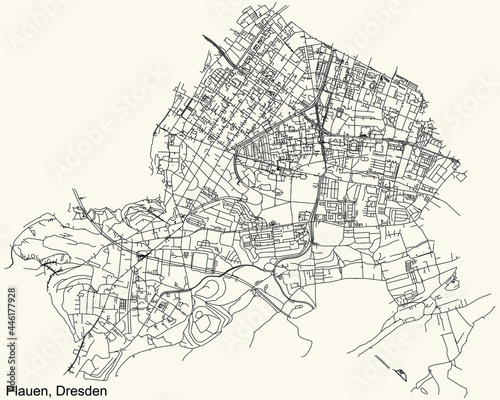 Black simple detailed street roads map on vintage beige background of the quarter Plauen district of Dresden, Germany