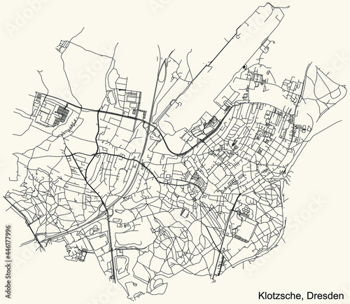 Black simple detailed street roads map on vintage beige background of the quarter Klotzsche district of Dresden, Germany