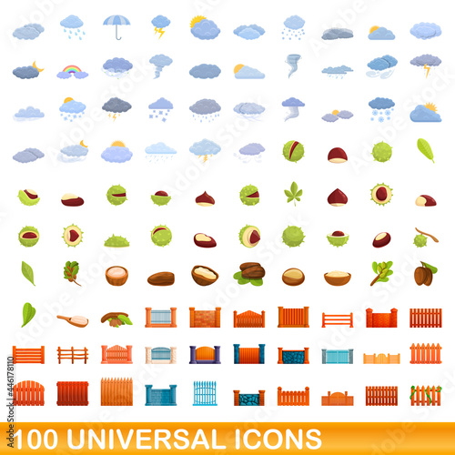 100 universal icons set. Cartoon illustration of 100 universal icons vector set isolated on white background