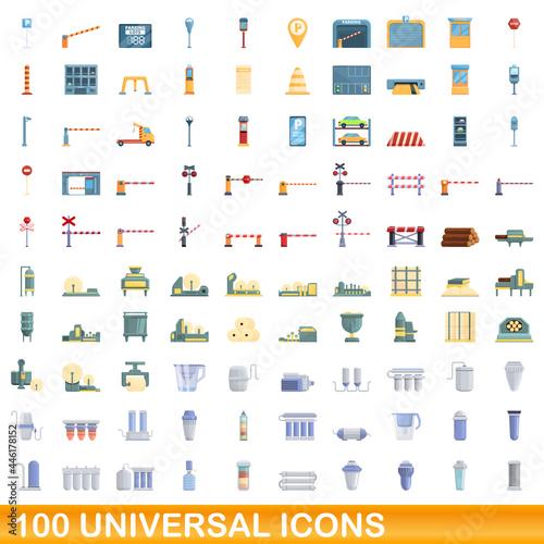 100 universal icons set. Cartoon illustration of 100 universal icons vector set isolated on white background