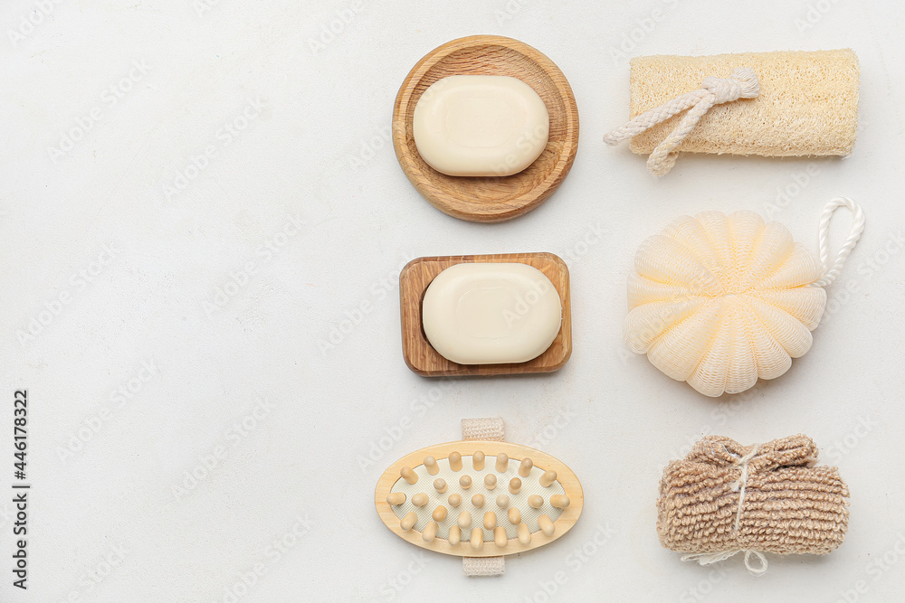Set of bath supplies on light background Set of bath supplies on light background