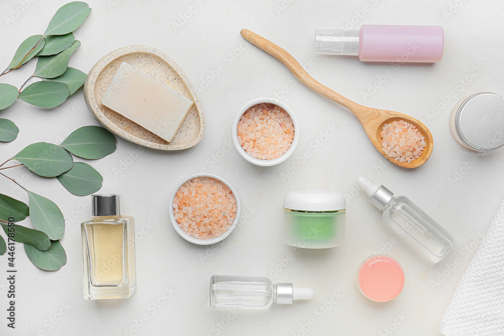 Set of bath supplies on light background Set of bath supplies on light background
