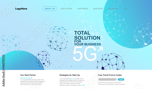 5G and IoT (Internet of Things) landing page with digital communication future technology images. Website template for internet speed concept or startup business. vector illustration