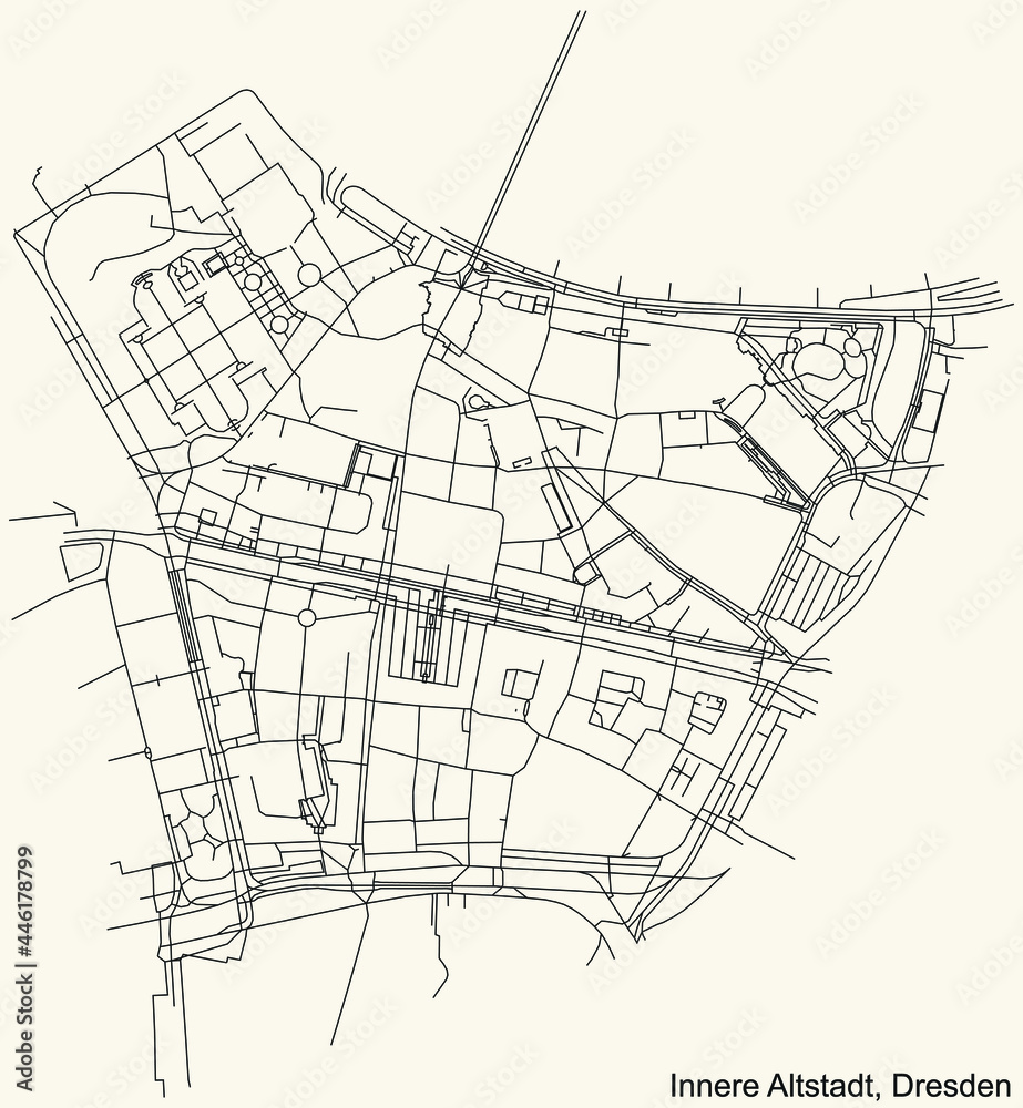 Obraz premium Black simple detailed street roads map on vintage beige background of the neighbourhood Innere Altstadt quarter of Dresden, Germany