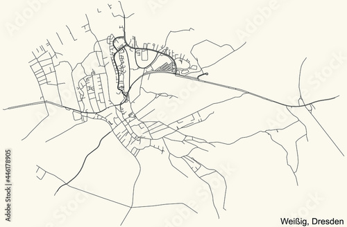 Black simple detailed street roads map on vintage beige background of the neighbourhood Weißig quarter of Dresden, Germany