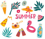 Set of cute summer icons: Tropical leaves, drinks, ice cream, flamingo, fins, camera, sunscreen. Summer vacation. Collection of scrapbooking elements for a beach party. Vector cartoon illustration
