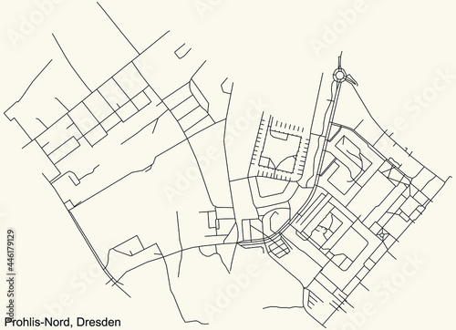 Black simple detailed street roads map on vintage beige background of the neighbourhood Prohlis-Nord quarter of Dresden, Germany