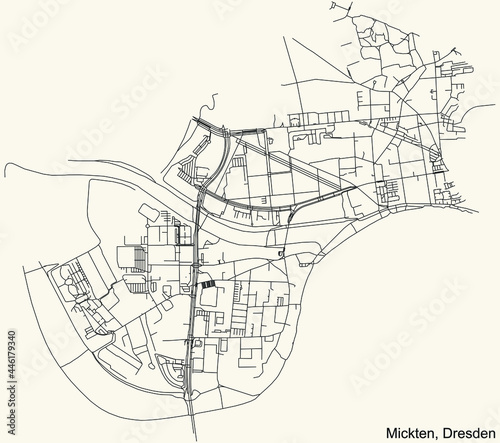 Black simple detailed street roads map on vintage beige background of the neighbourhood Mickten mit Trachau-Süd, Übigau und Kaditz-Süd quarter of Dresden, Germany