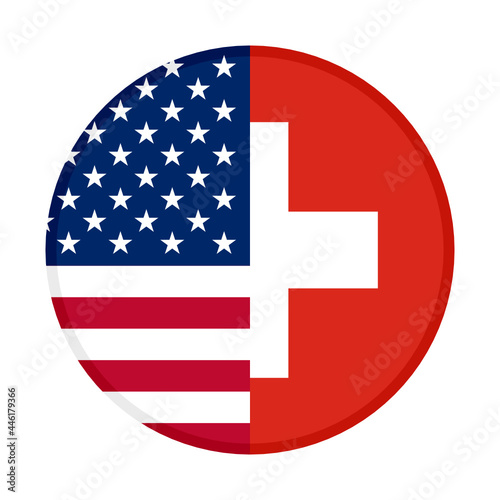 round icon with united states of america and switzerland flags isolated on white background	
