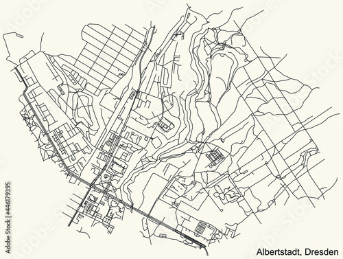 Black simple detailed street roads map on vintage beige background of the neighbourhood Albertstadt quarter of Dresden, Germany