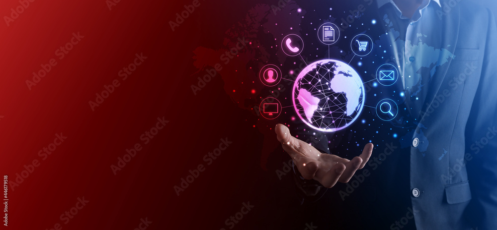 Business man hiold, use,press infographic icon of community technology ...