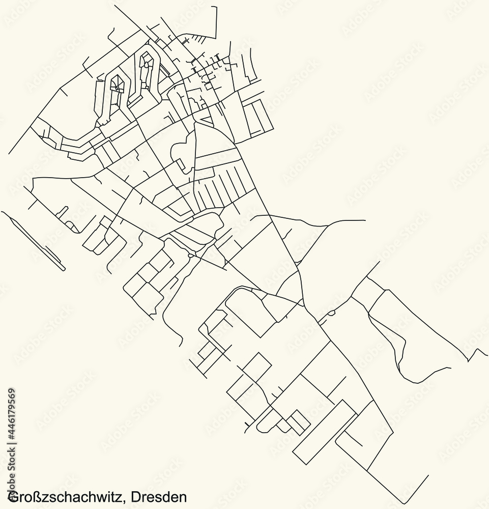 Fototapeta premium Black simple detailed street roads map on vintage beige background of the neighbourhood Großzschachwitz mit Sporbitz quarter of Dresden, Germany