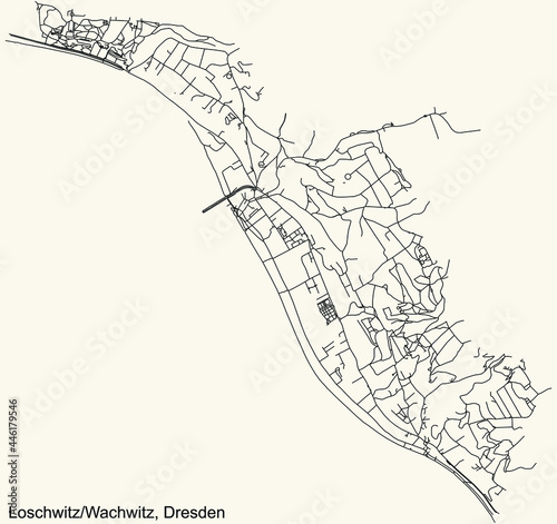 Black simple detailed street roads map on vintage beige background of the neighbourhood Loschwitz/Wachwitz quarter of Dresden, Germany