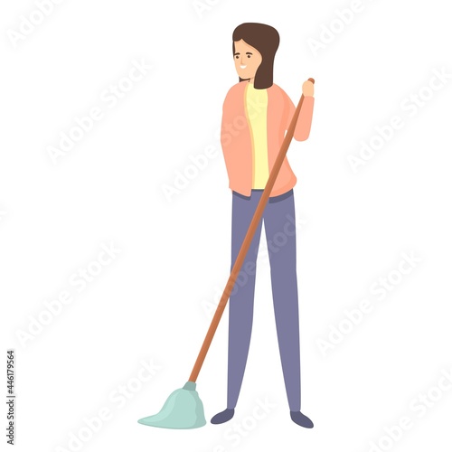 Mom mop cleaning icon cartoon vector. Woman housewife. Housework clean