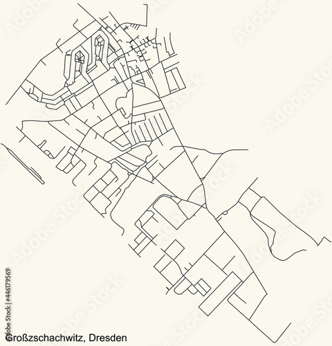 Black simple detailed street roads map on vintage beige background of the neighbourhood Großzschachwitz mit Sporbitz quarter of Dresden, Germany