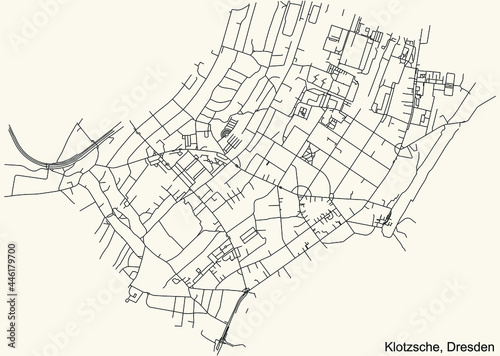 Black simple detailed street roads map on vintage beige background of the neighbourhood Klotzsche quarter of Dresden, Germany