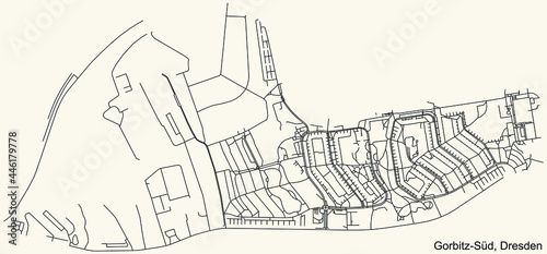 Black simple detailed street roads map on vintage beige background of the neighbourhood Gorbitz-Süd quarter of Dresden, Germany