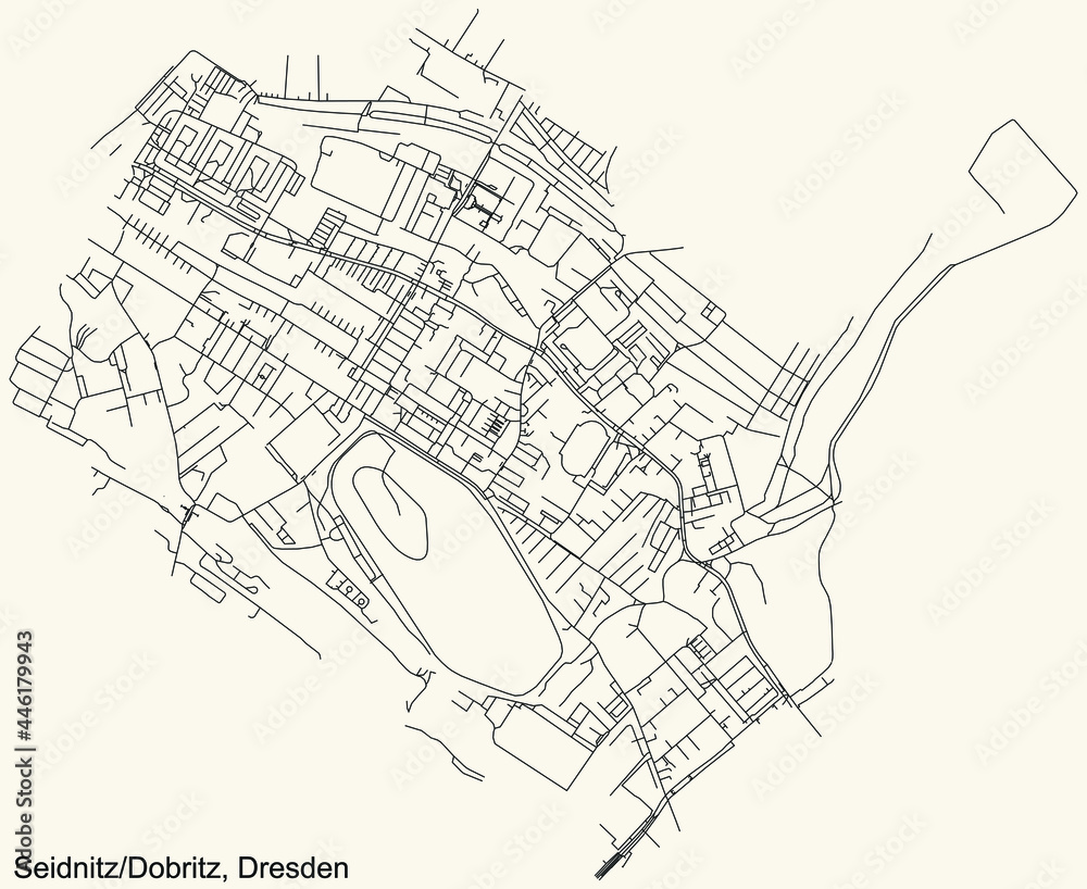 Black simple detailed street roads map on vintage beige background of the neighbourhood Seidnitz/Dobritz quarter of Dresden, Germany