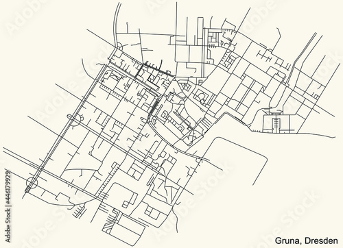 Black simple detailed street roads map on vintage beige background of the neighbourhood Gruna mit Strehlen-Nordost quarter of Dresden, Germany