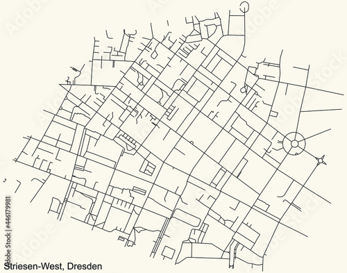 Black simple detailed street roads map on vintage beige background of the neighbourhood Striesen-West quarter of Dresden, Germany