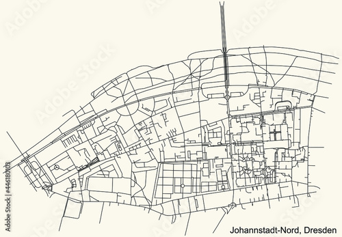 Black simple detailed street roads map on vintage beige background of the neighbourhood Johannstadt-Nord quarter of Dresden, Germany