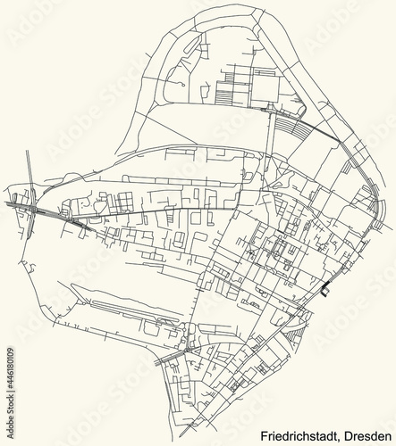 Black simple detailed street roads map on vintage beige background of the neighbourhood Friedrichstadt quarter of Dresden, Germany
