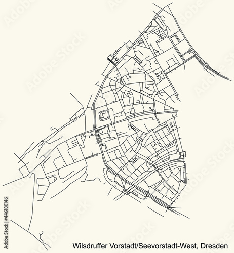 Black simple detailed street roads map on vintage beige background of the neighbourhood Wilsdruffer Vorstadt/Seevorstadt-West quarter of Dresden, Germany