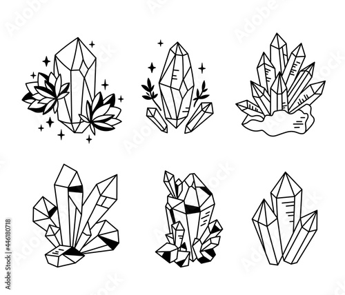 Crystals or gemstones cliparts bundle, doodle gem collection, jewelry stone or diamond set, black and white isolated objects - black and white vector illustration
