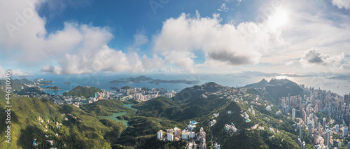 Amazing panorama aerial view of Aberdeen, the famous tourist place in the south of Hong Kong. Clear summer day. photo