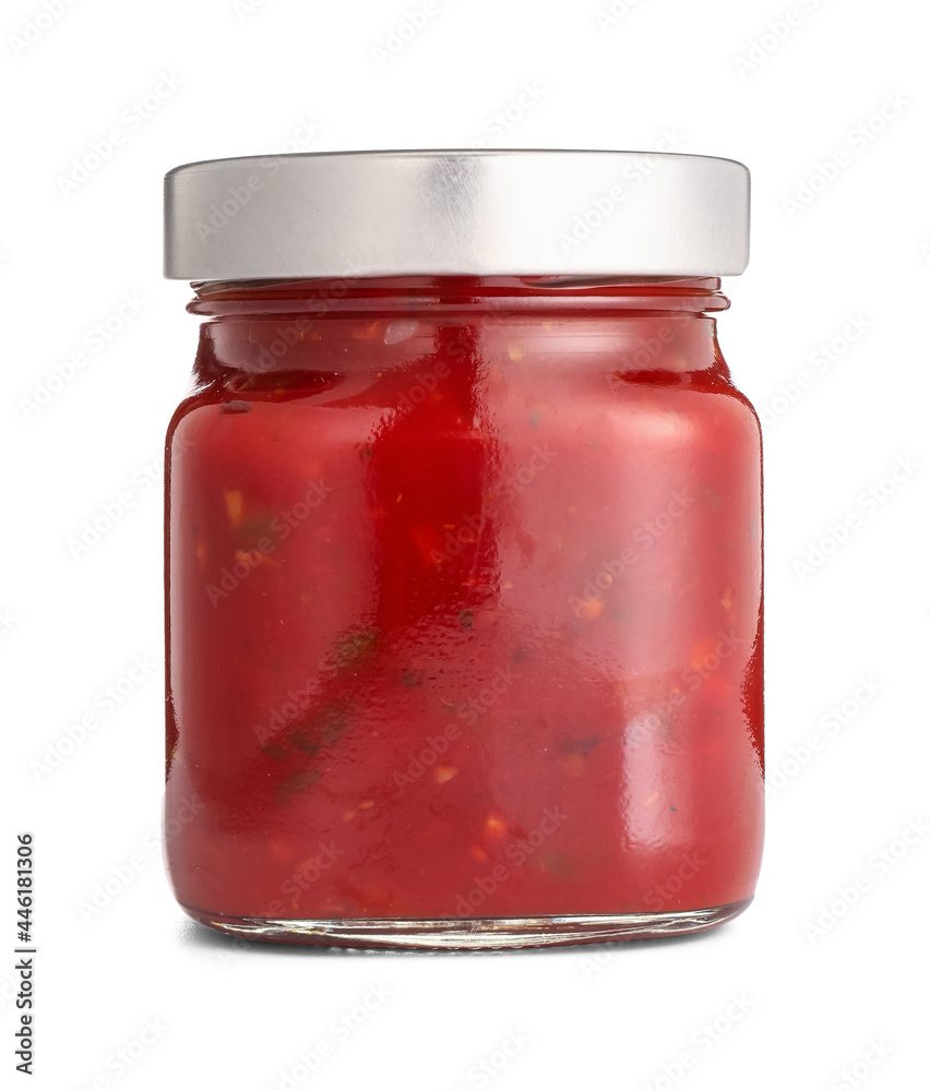 Jar of tasty salsa sauce on white background Jar of tasty salsa sauce on white background