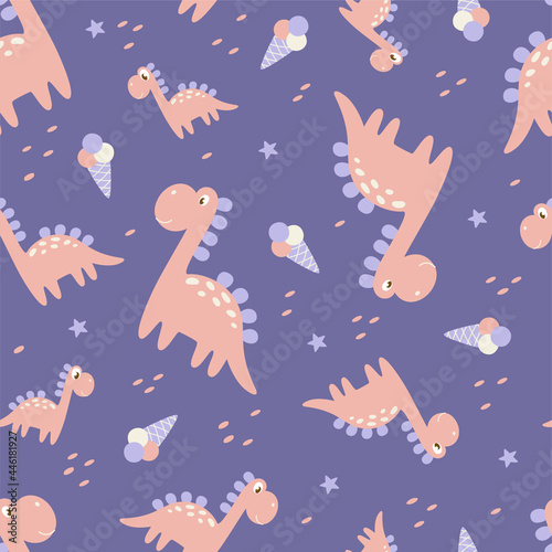 Seamless pattern of cute dinosaurs with icecream. Perfect for kids design  fabric  wrapping  wallpaper  textile  home decor.