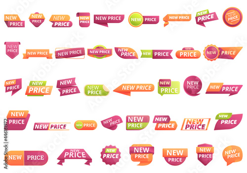 New price icons set cartoon vector. Discount sale. New deal