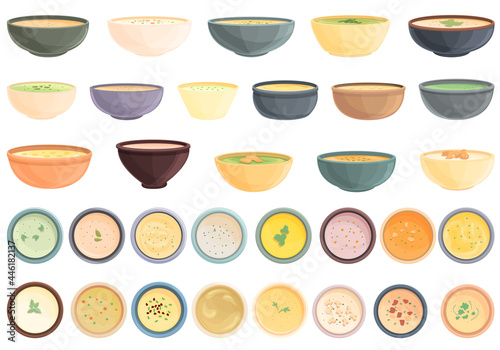 Cream soup icons set cartoon vector. Meat bowl. Soup food dish