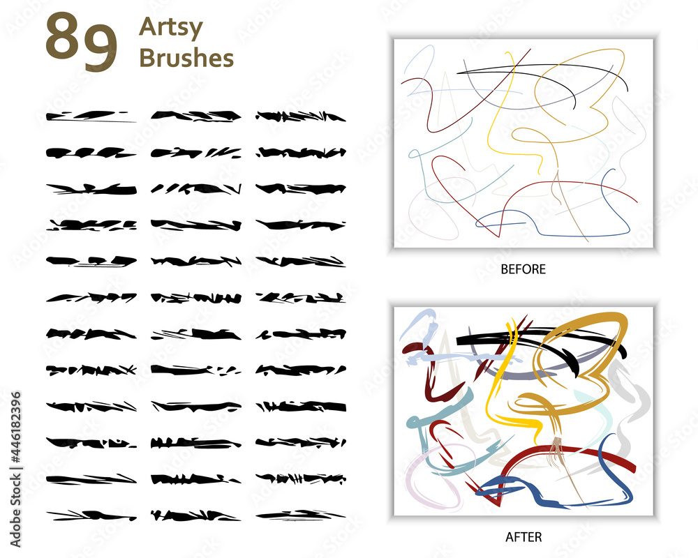 Set of 89 artsy brushes with unique shapes for contemporary painting, calligraphy, abstract arts, grunge strokes, scribbles, asemic. Create using AI CS6.