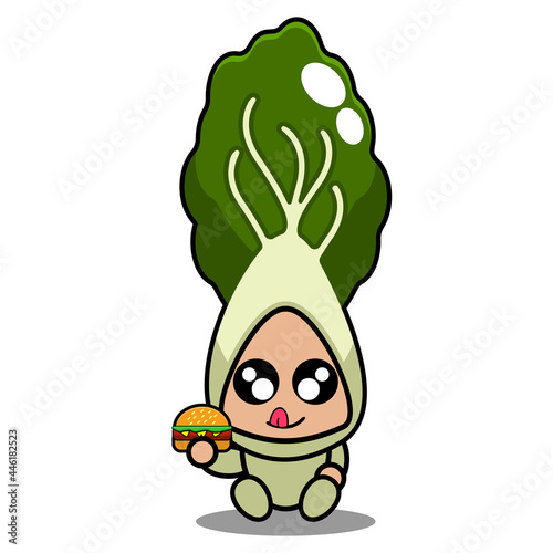 vector cartoon cute bok choy vegetable mascot character eating hamburger