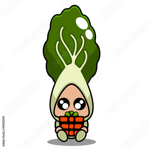 vector cartoon cute bok choy vegetable mascot character holding a gift box