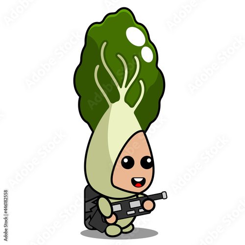 vector cartoon cute bok choy vegetable mascot character holding gun and carrying bag