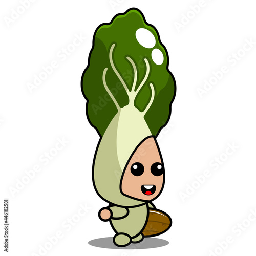 vector cartoon cute bok choy vegetable mascot character holding a surfboard