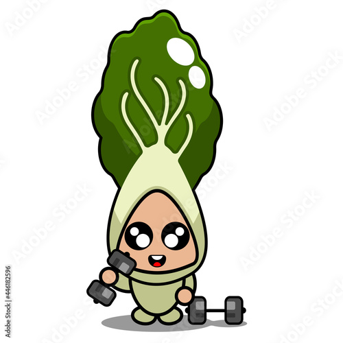 vector cartoon character cute bok choy vegetable mascot doing barbell lifting