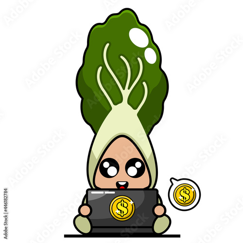 vector cartoon cute bok choy vegetable mascot character working with dollar chat bubble