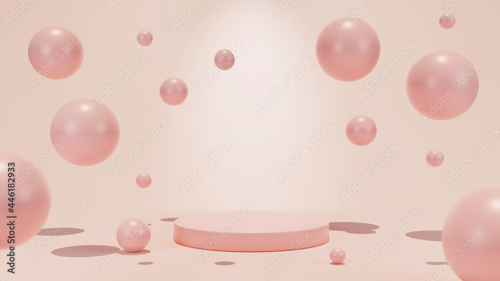 Pink background of pearl balls, pedestal.