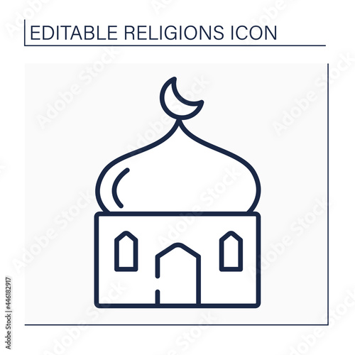 Islam line icon. Main temple in muslim culture. Traditional place of worship in Islam. Crescent muslim symbol. Religion concept. Isolated vector illustration. Editable stroke